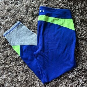 Under Armour Vibrant Blue exercise Leggings with Green and Gray Accents